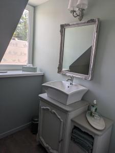 a bathroom with a sink and a mirror on the wall at Les chambres de l'Atelier in Pont-Aven +19 photos