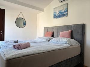 Un dormitorio con una cama grande con un espejo en la pared. en Sea Garden House Mandre, en Mandre