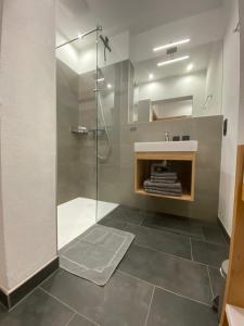 a bathroom with a shower with a glass door at Finkhof Appartements in Wagrain +32 photos