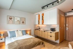 a bedroom with a bed and a sink at Iron Apartments by MB Apartments in Krakow
