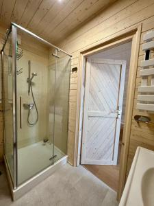 a bathroom with a shower and a glass shower door at Jelenie Brdy in Brzegi Dolne +10 photos