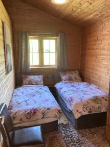 a bedroom with two beds and a window at Perfect getaway Cabin Haf with Hot Tub in Llanrhaeadr-ym-Mochnant