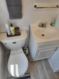 une salle de bain avec des toilettes blanches et un lavabo dans l'établissement Crescent Vintage Cottage, à Myrtle Beach 38 autres photos