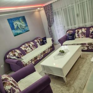 a living room with purple couches and a table at Ramonda Smještaj in Tuzla