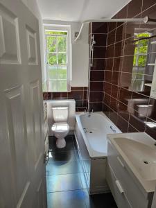 a bathroom with a toilet and a sink and a tub at Flat in Hammersmith - Close to tube station in London +8 photos