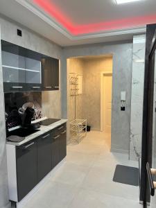 a kitchen with black cabinets and a red ceiling at Ferienwohnung SPA Delluxe 2 in Mülheim an der Ruhr