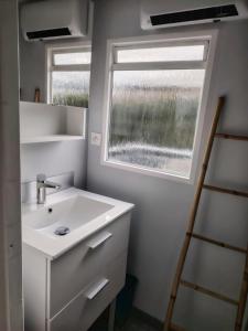 Un baño con lavabo y ventana. en La Sardine, en Fréjus