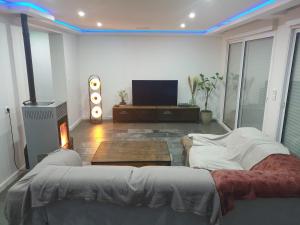 ein Wohnzimmer mit einem Bett und einem Flachbildfernseher in der Unterkunft Belle maison au calme 200m2 in Coubron