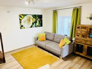 a living room with a couch and a window at Bálics Vendégház in Pécs