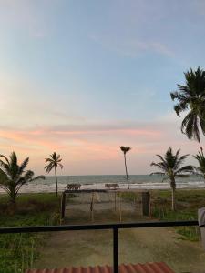 a view of a beach with palm trees and the ocean at Hostal pura vida in San Bernardo del Viento