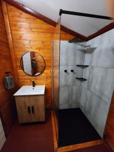 a bathroom with a shower with a sink and a mirror at Mike's Lodge Sodwana Bay in Sodwana Bay