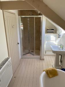 a bathroom with a shower and a tub and a sink at Little Llanvolda in Saint Maughans