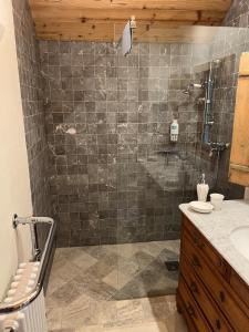 a bathroom with a shower and a sink at ChaletFeeling im Salzkammergut in Strobl +13 photos