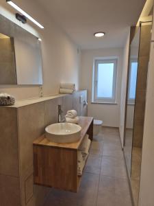 un baño con lavabo y espejo en Hotel Garni Kern, en Halfing 41 fotos más