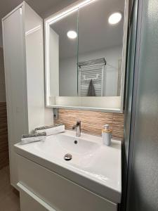 a bathroom with a white sink and a mirror at Ruhige Ferienwohnung im Schwarzwald in Schramberg +3 photos