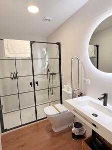 a bathroom with a shower and a toilet and a sink at Apartamentos Molinos in Constantina +131 photos