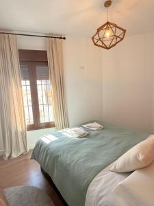 a bedroom with a bed and a chandelier at Apartamentos Molinos in Constantina