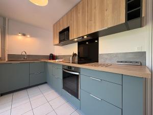 a large kitchen with blue cabinets and a sink at Nymphéas - Charming apartment village center in Saint-Martin-de-Bréthencourt
