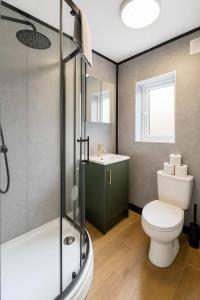 a bathroom with a toilet and a shower and a sink at Central Studio Apartment for 2 in Cardiff