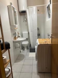 a bathroom with a toilet sink and a shower at Salty Paws Medveja in Medveja +9 photos