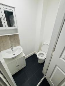 ein Badezimmer mit einer weißen Toilette und einem Waschbecken in der Unterkunft Private Minimalist 2 Bedroom Apartment with Netflix in Ilkeston