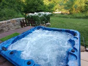 a blue tub filled with water in a yard at Molino De Pradillo in Pradillo