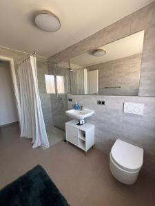 a bathroom with a sink and a toilet and a mirror at Idyllische Ferienwohnung in Ebersbach-Musbach