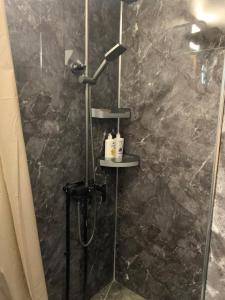 a shower with a shower head in a bathroom at Hippo camp Karakol in Karakol