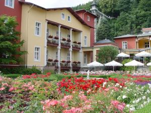 a hotel with a garden of flowers at Parkhotel Bad Schandau mit SPA in Bad Schandau