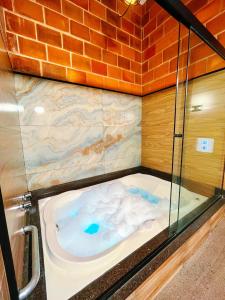 eine Whirlpool-Badewanne in einem Zimmer mit Ziegelwand in der Unterkunft Pousada Pitauá in Socorro