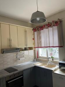 a kitchen with a sink and a window at Korca Center Apartment in Korçë
