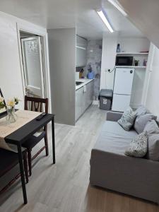 a living room with a couch and a table and a kitchen at Private Basement Flat in London