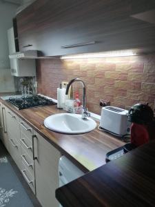 a kitchen counter with a sink and a stove at Apartament ELSA in Floreşti