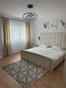 a bedroom with a large bed and a large window at Casa crisan in Mintiu Gherlii