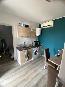 a small room with a table and a washing machine at The Zengg Den in Volarice