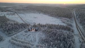 een luchtfoto van twee jeepneys die door een bos rijden bij Levin Lyhty Bea by Hilla Villas in Kittilä