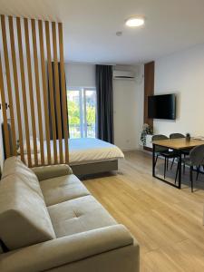 a living room with a couch and a bed and a table at Savo Apartments in Tivat +20 photos