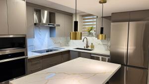cocina con electrodomésticos de acero inoxidable y encimera en Luxury 2-Bedroom Designer Suite Richmond Hill Lake Wilcox, en Richmond Hill
