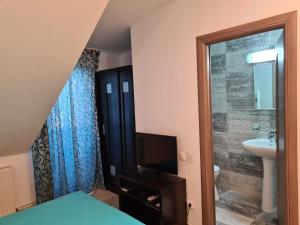 ヴァマ・ヴェケにあるVila Dini(La Rogojini)の洗面台とテレビ付きのバスルームと洗面台付きのバスルーム