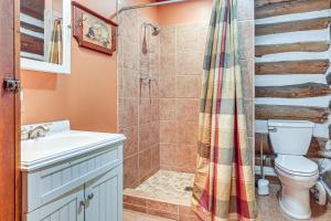a bathroom with a shower and a toilet and a sink at Dock, Fire Pit Historic Lakefront Cabin in Mercer in Mercer +23 photos