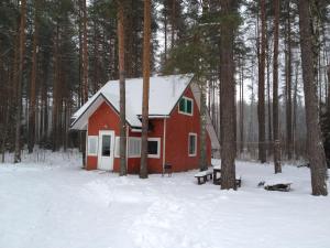 una casa roja con techo cubierto de nieve en el bosque en Baiļi en Valmiera