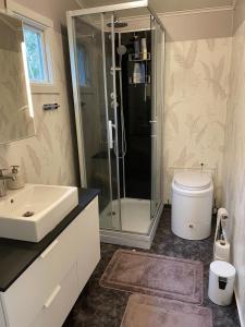 a bathroom with a shower and a sink and a toilet at Gäststuga i mysiga Sparreholm in Sparreholm +6 photos