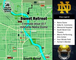 a map of the super retreat with a football helmet at Sweet Retreat 3 Mins to Notre Dame Eddy St Commons and Memorial Hospital in South Bend