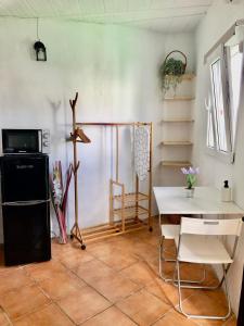 a kitchen with a black refrigerator and a table at Finca Abril 1 Piscina Compartida in Conil de la Frontera +9 photos
