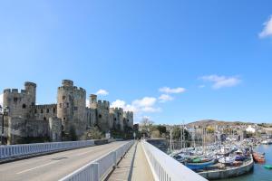 a view of a castle with boats in the water at Bryn Hyfryd in Conwy
