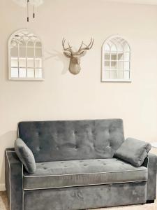 a couch in a living room with a deer head on the wall at Apple Valley Chateau Mountain Getaway in Hendersonville