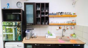 a kitchen with a counter with a sink and a microwave at VILA ONEIRO in Vama Veche
