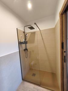 a shower with a glass door in a bathroom at La Cabaña27 in La Alberca +78 photos