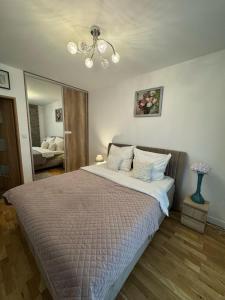 ein Schlafzimmer mit einem großen Bett und einem Spiegel in der Unterkunft Apartament Wiatraczna in Warschau