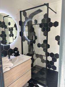 een badkamer met een douche en een witte wastafel bij Le FRAGONNARD in Cannes